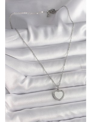 Fun And Market Buğz 316L Çelik Gümüş Renk Zincir Zirkon Taşlı Beyaz Mineli Kalp Model Kadın Kolye - Buğz