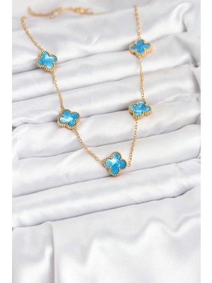 Fun And Market Buğz 316L Çelik Zincir Gold Buz Mavisi Renk Yonca Kolye - Buğz