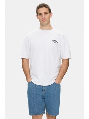 Ucla Kaıus Beyaz Bisiklet Yaka Baskılı ve Nakışlı %100 Pamuk Oversize Erkek Tshirt