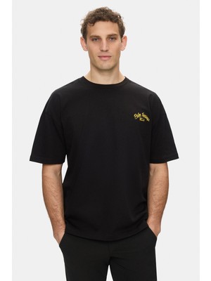 Ucla Kaıus Siyah Bisiklet Yaka Baskılı ve Nakışlı %100 Pamuk Oversize Erkek Tshirt