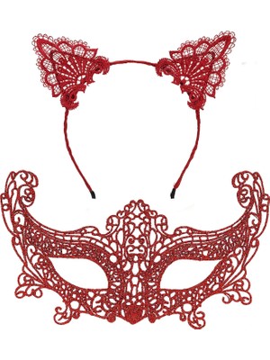 Fun And Market Buğz Romantik Kırmızı Dantel Maske Seti – Kedi Kulaklı Taç ve Maske No 3