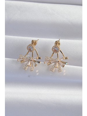 Fun And Market Buğz Pirinç Gold Renk Zirkon Taşlı Yassı Fiyonk Model Küpe - Buğz