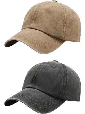 Tezzgelsin Unisex Eskitme Vintage %100 Pamuklu Ayarlanabilir Beyzbol Kep Şapka 2'li Set