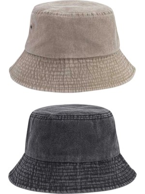Tezzgelsin Unisex Eskitme Vintage %100 Pamuklu Bucket Kova Şapka 2'li Set