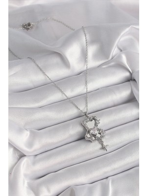 Fun And Market Buğz 316L Çelik Gümüş Renk Ayna Ayıcık Model Zirkon Taşlı Kalp Detay Kadın Kolye - Buğz