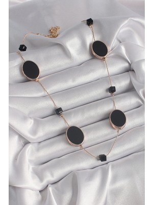 Fun And Market Buğz Pirinç Gold Renk Siyah Renk Oval Siyah Küp Detay Kadın Kolye - Buğz