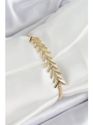 Fun And Market Buğz Pirinç Gold Renk Zirkon Taşlı Balık Sırtı Kadın Bileklik - Buğz