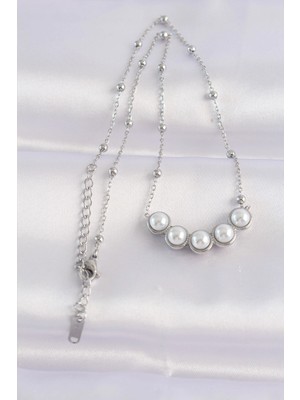 Fun And Market Buğz 316L Çelik Zincir Gümüş Renk Sıralı Inci Taşlı Kolye - Buğz