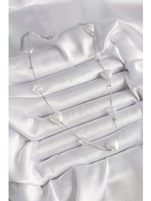 Fun And Market Buğz Pirinç Gümüş Renk Beyaz Inci Kalp Model Kadın Kolye - Buğz