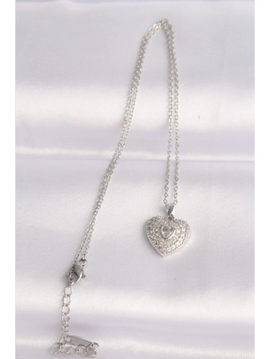 Fun And Market Buğz 316L Çelik Zincir Gümüş Renk Zirkon Taşlı Kalp Kolye - Buğz