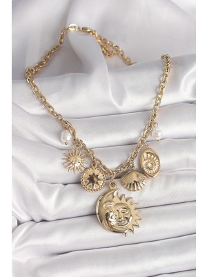 Fun And Market Buğz 316L Çelik Gold Renk Ay Güneş Figür Deniz Kabuğu Detay Kadın Kolye - Buğz