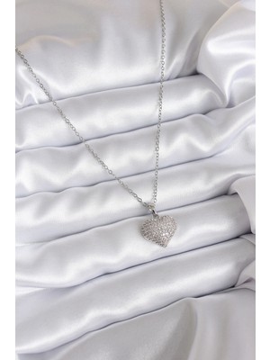 Fun And Market Buğz 316L Çelik Zincir Gümüş Renk Zirkon Taş Detay Kalp Model Kadın Kolye - Buğz