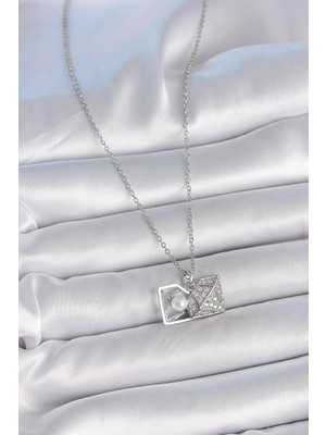 Fun And Market Buğz 316L Çelik Gümüş Renk Zincir Zirkon Taşlı Incili Açılır Elmas Model Kadın Kolye - Buğz