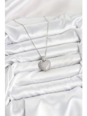 Fun And Market Buğz 316L Çelik Zincir Gümüş Renk Zirkon Taşlı Kalpli Kadın Kolye - Buğz