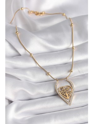 Fun And Market Buğz 316L Çelik Gold Renk Zirkon Taşlı Detaylı Kalp Fidan Model Kadın Kolye - Buğz