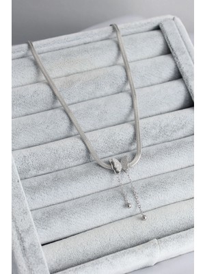 Fun And Market Buğz 316L Çelik Gümüş Renk Italyan Zincir Model Simli Kelebek Figür Kadın Kolye - Buğz