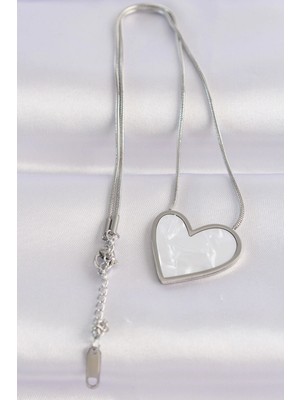 Fun And Market Buğz 316L Çelik Zincir Gümüş Renk Mermer Desenli Kalp Kolye - Buğz
