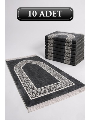 İhvan Online 10 Adet Mihraplı Kadife Seccade Seti - Dağıtmalık, Mevlüt, Hac Umre Hediyelik - Gri