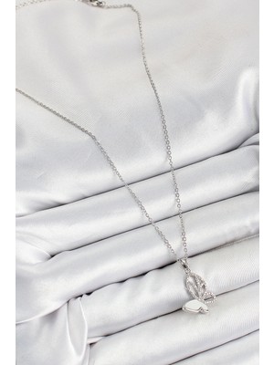 Fun And Market Buğz 316L Çelik Zirkon Taşlı Kelebek Model Gümüş Renk Kadın Kolye - Buğz