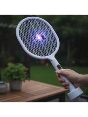 Fun And Market Buğz USB Şarjlı Standlı Şarj Göstergeli Uv Işıklı Beyaz Sinek Öldürme Raketi