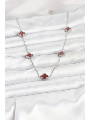 Fun And Market Buğz 316L Çelik Zincir Gümüş Renk Bordo Baby Boy Yonca Kadın Kolye - Buğz