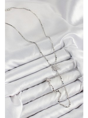 Fun And Market Buğz Pirinç Zirkon Taşlı Ezme Zincirli Kutup Yıldızı Model Gümüş Renk Y Kolye - Buğz