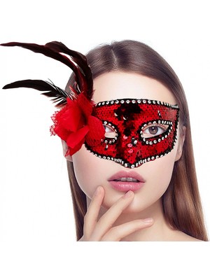 Fun And Market Buğz Kırmızı Yandan Tüylü Güllü Taşlı Pullu Maske