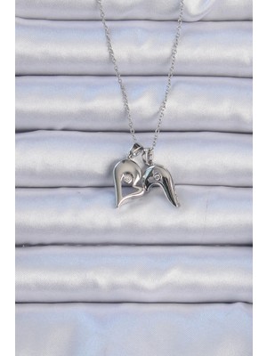 Fun And Market Buğz 316L Çelik Zincir Gümüş Renk Zirkon Taşlı Mıknatıslı Kalp Kolye - Buğz