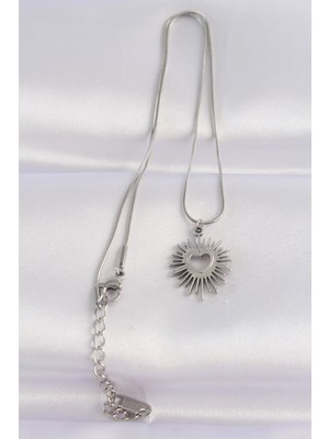 Fun And Market Buğz 316L Çelik Zincir Gümüş Renk Kalp Güneşi Tasarımlı Kolye - Buğz