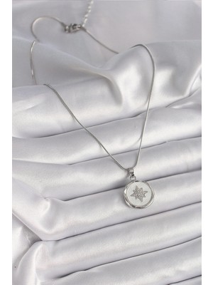 Fun And Market Buğz 316L Çelik Gümüş Renk Zincir Beyaz Sedefli Zirkon Taşlı Yıldız Işleme Model Kadın Kolye - Buğz