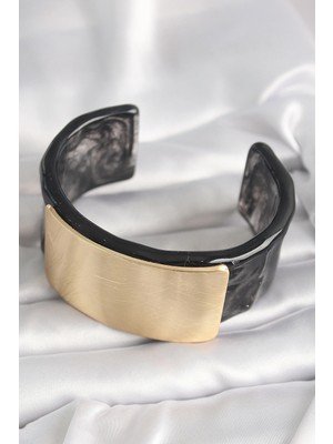 Fun And Market Buğz Siyah Mermer Desen Akrilik Plastik Gol Dikdörtgen Plaka Model Vingtage Kadın Bilezik - Buğz