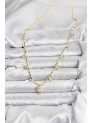 Fun And Market Buğz Zirkon Taşlı Kutup Yıldızı Model Pirinç Gold Renk Kadın Kolye - Buğz