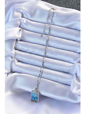 Fun And Market Buğz 316L Çelik Zincir Gümüş Renk Mavi Mineli Ay Figür Tarot Kolye - Buğz