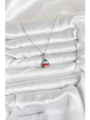 Fun And Market Buğz 316L Çelik Zincir Gümüş Ren Çam Ağacı Model Zirkon Taşlı Yılbaşı Temalı Kadın Kolye - Buğz