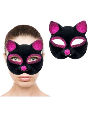 Fun And Market Buğz Siyah Fuşya Simli Süet Kedi Maskesi