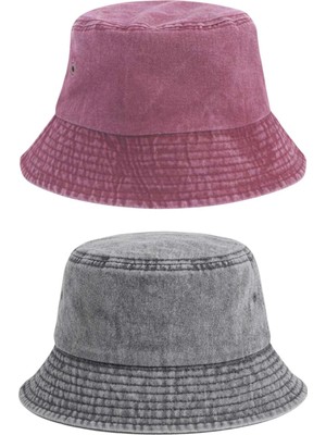 Tezzgelsin Unisex Eskitme Vintage %100 Pamuklu Bucket Kova Şapka 2'li Set
