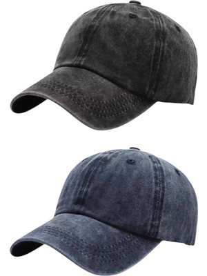 Tezzgelsin Unisex Eskitme Vintage %100 Pamuklu Ayarlanabilir Beyzbol Kep Şapka 2'li Set