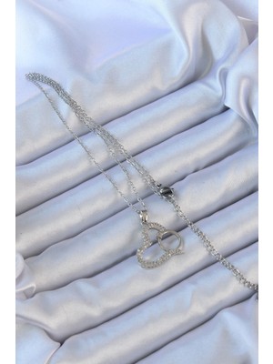 Fun And Market Buğz 316L Çelik Zincir Gümüş Renk Zirkon Taşlı Yüzüklü Kalp Kolye - Buğz