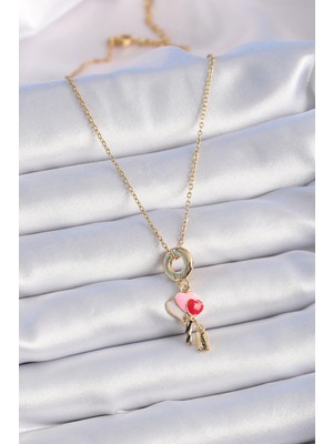 Fun And Market Buğz 316L Çelik Gold Renk Renkli Kalp Figür Charm Model Kadın Kolye - Buğz
