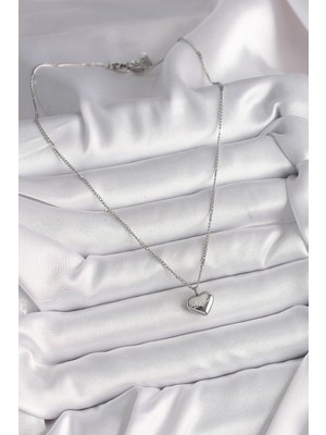 Fun And Market Buğz 316L Çelik Gümüş Renk Zincir Love Işleme Kalp Figür Kadın Kolye - Buğz