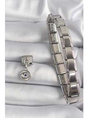 Fun And Market Buğz 316L Çelik Gümüş Renk Sallantı Zirkon Taşlı Göz Model Nomination Charm - Buğz