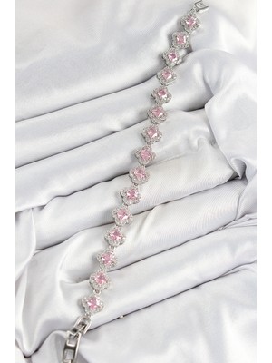 Fun And Market Buğz Pirinç Zirkon Taşlı Pembe Yonca Baget Model Gümüş Renk Vıp Seri Kadın Bileklik - Buğz