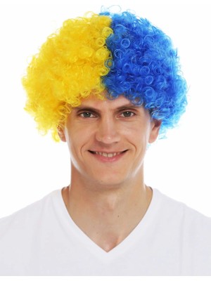 Fun And Market Buğz Sarı Lacivert Kıvırcık Afro Bonus Taraftar Peruğu