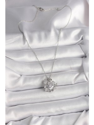 Fun And Market Buğz 316L Çelik Gümüş Renk Zincir Zirkon Taşlı Kalp Figür Gül Detay Kadın Kolye - Buğz