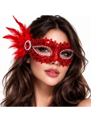 Fun And Market Buğz Kırmızı Taşlı Venedik Parti Maskesi – Tüylü Payetli