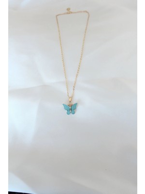 Fun And Market Buğz Gold Kaplama Turkuaz Renk Sedefli Kelebek Kolye - Buğz