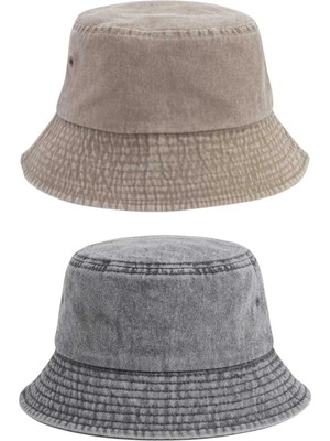 Tezzgelsin Unisex Eskitme Vintage %100 Pamuklu Bucket Kova Şapka 2'li Set