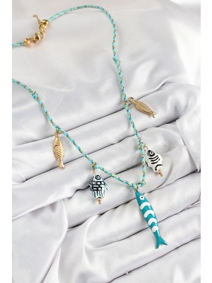 Fun And Market Buğz Seramik Motifli Balık Figürlü Model Mavi Ip Kadın Kolye - Buğz