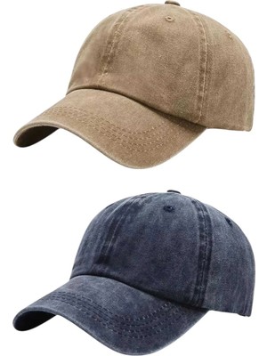 Tezzgelsin Unisex Eskitme Vintage %100 Pamuklu Ayarlanabilir Beyzbol Kep Şapka 2'li Set