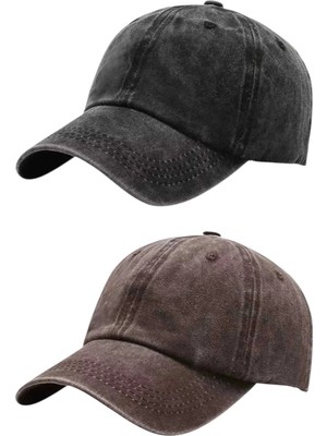 Tezzgelsin Unisex Eskitme Vintage %100 Pamuklu Ayarlanabilir Beyzbol Kep Şapka 2'li Set